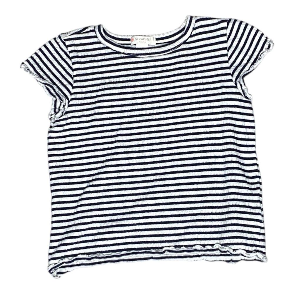 Crewcuts Navy Blue White Striped Lettuce-Edged Short Sleeve Shirt Size XS